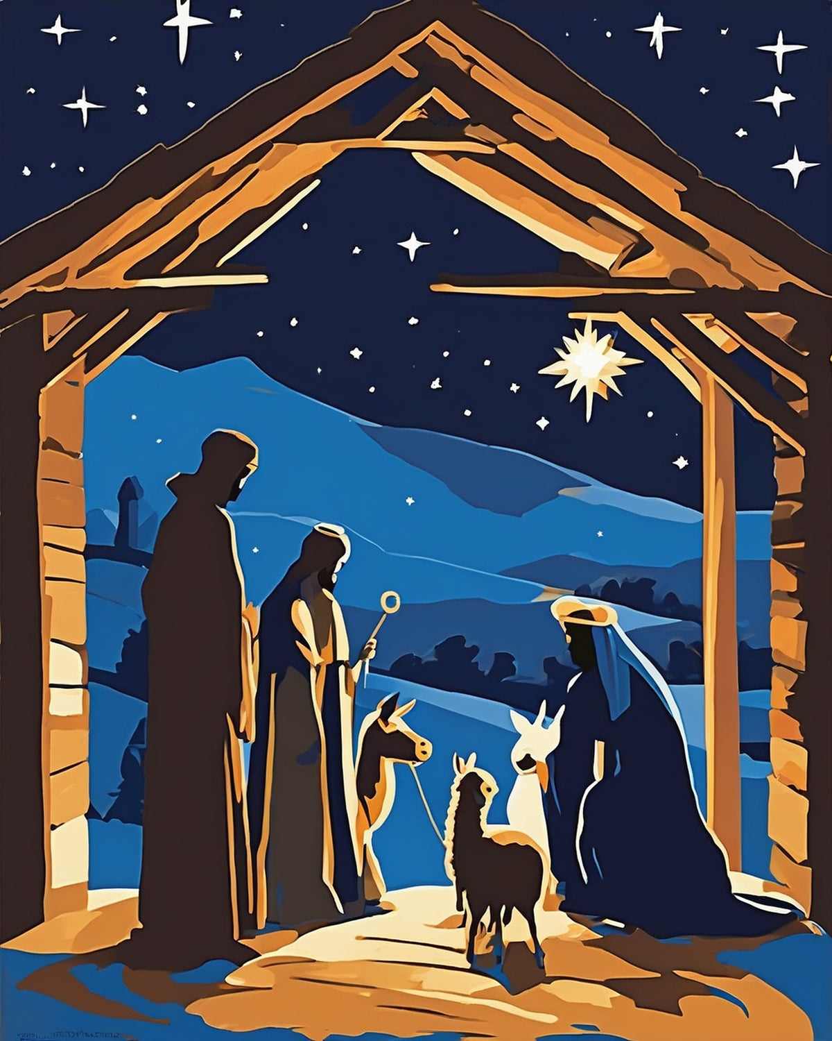 Nativity under the Star of Bethlehem paint by numbers kit, the Holy Family in a wooden stable at night