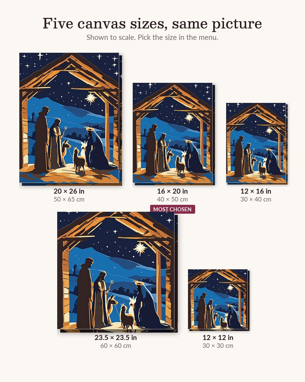 Nativity under the Star of Bethlehem canvas sizes from 12 x 12 to 23.5 x 23.5 inches