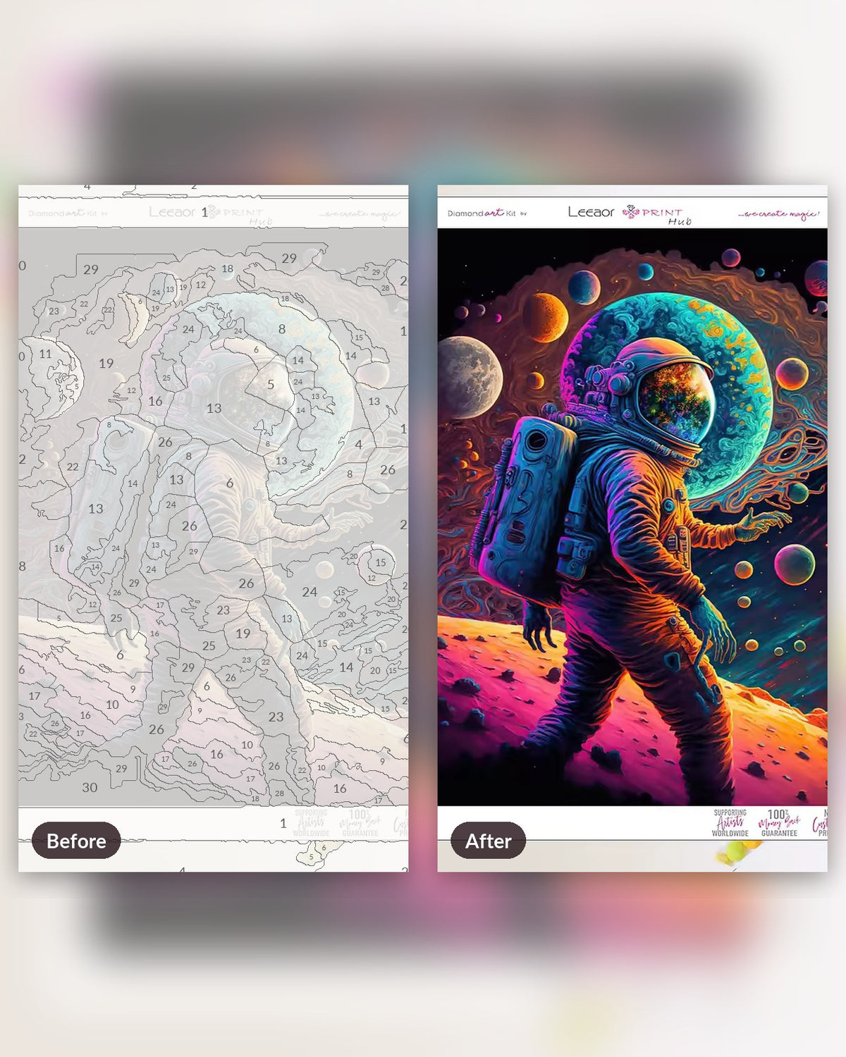 Neon Galaxy paint by numbers kit, before and after
