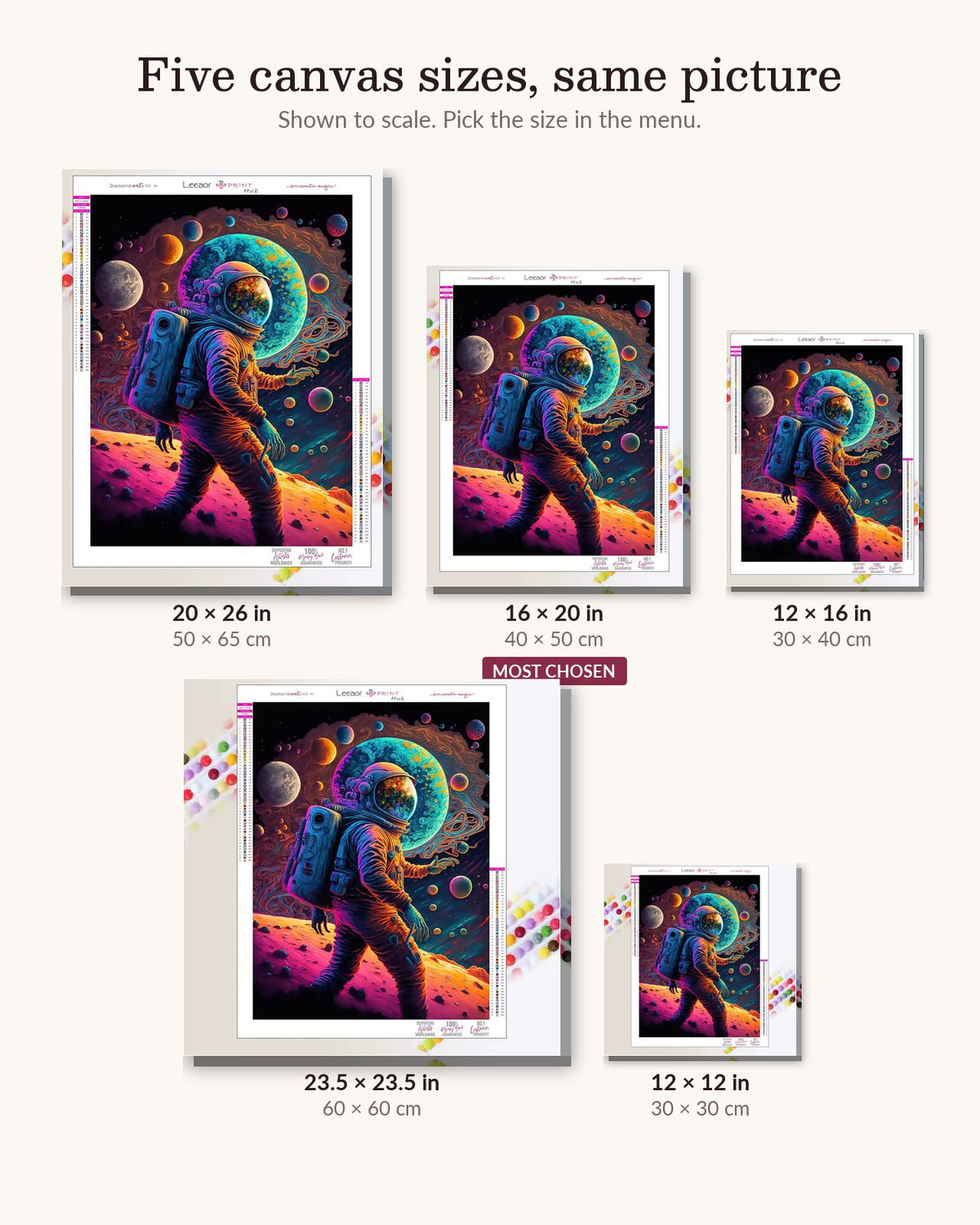 Neon Galaxy canvas sizes from 12 x 12 to 23.5 x 23.5 inches