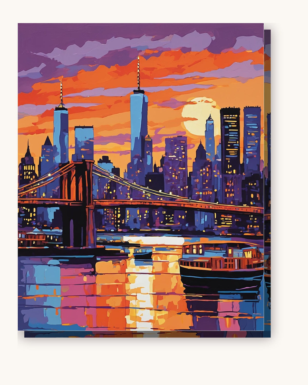 New York Skyline and Bridge at Dusk paint by numbers kit on stretched canvas