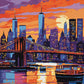 new york city skyline and suspension bridge at dusk paint by numbers kit, ferries on the river with reflections