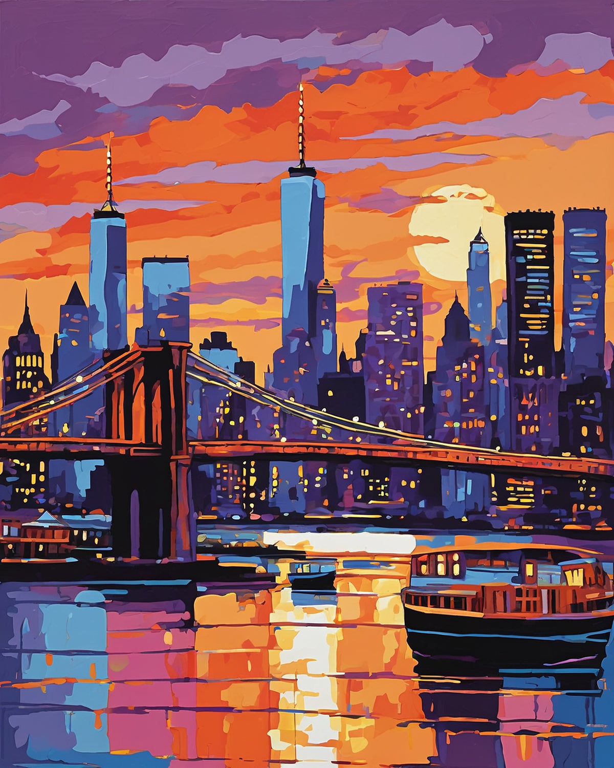 new york city skyline and suspension bridge at dusk paint by numbers kit, ferries on the river with reflections