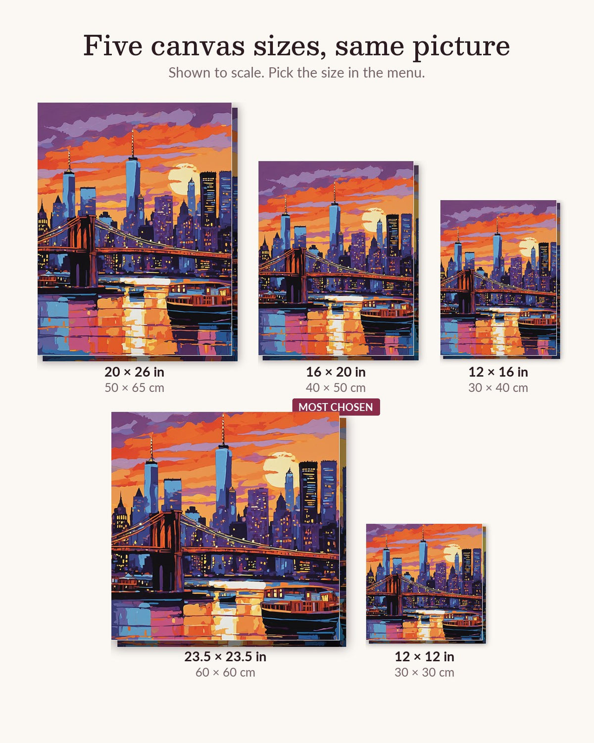 New York Skyline and Bridge at Dusk canvas sizes from 12 x 12 to 23.5 x 23.5 inches