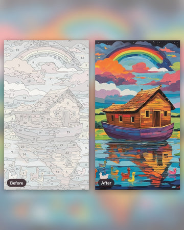 Noah's Ark and the Rainbow paint by numbers kit, before and after