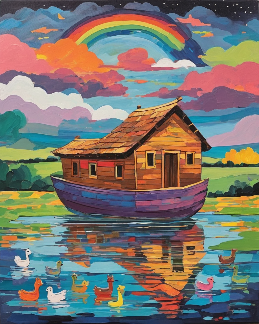 Paint by numbers canvas of a wooden ark floating on calm water under a rainbow at dusk, with ducks and geese on the water around it