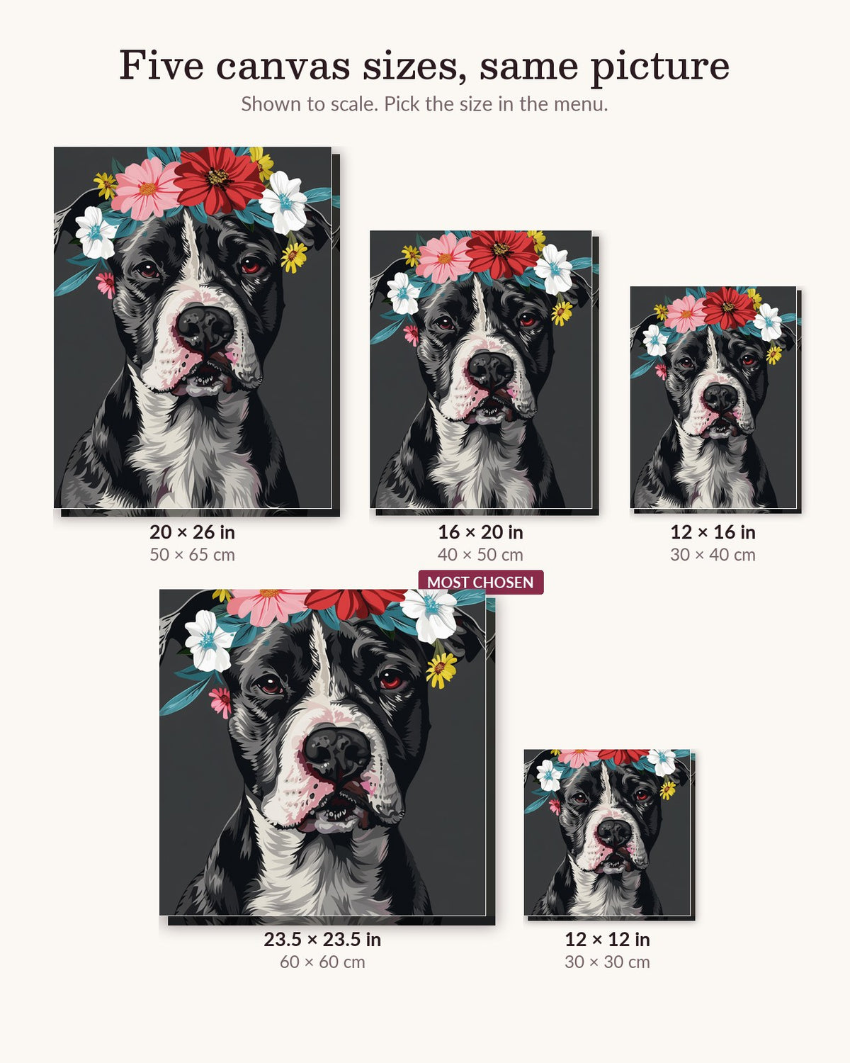 Noble Pitbull canvas sizes from 12 x 12 to 23.5 x 23.5 inches