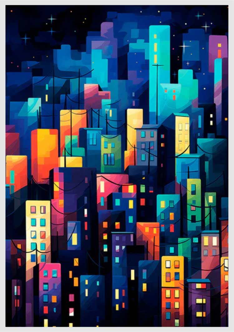 Urban Nocturne vibrant cityscape painting by numbers kit featuring a colorful night city scene.