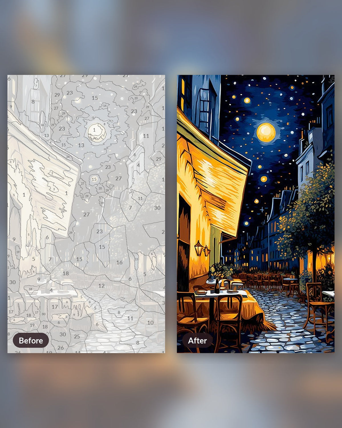 Nocturne Bistro Lights paint by numbers kit, before and after