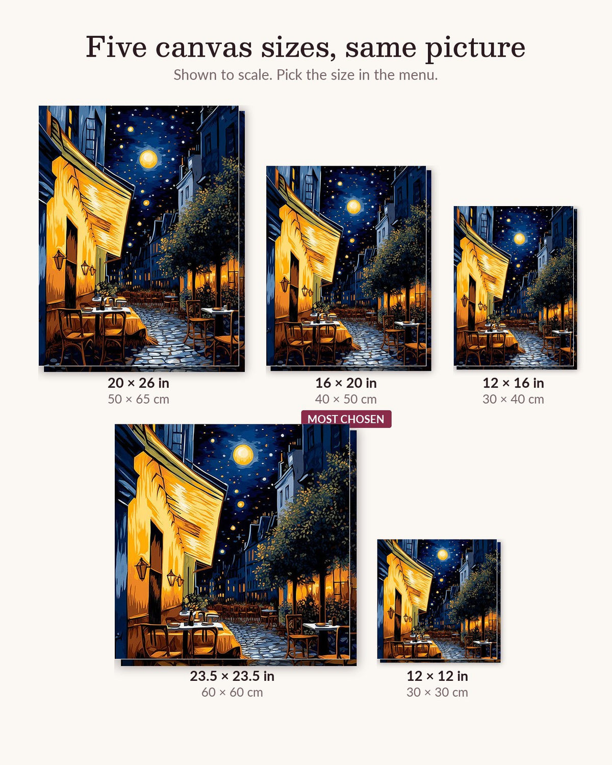 Nocturne Bistro Lights canvas sizes from 12 x 12 to 23.5 x 23.5 inches