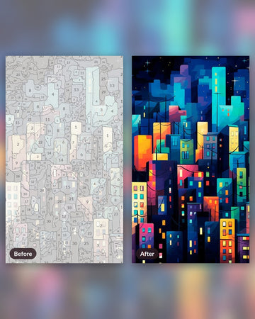 Urban Nocturne paint by numbers kit, before and after