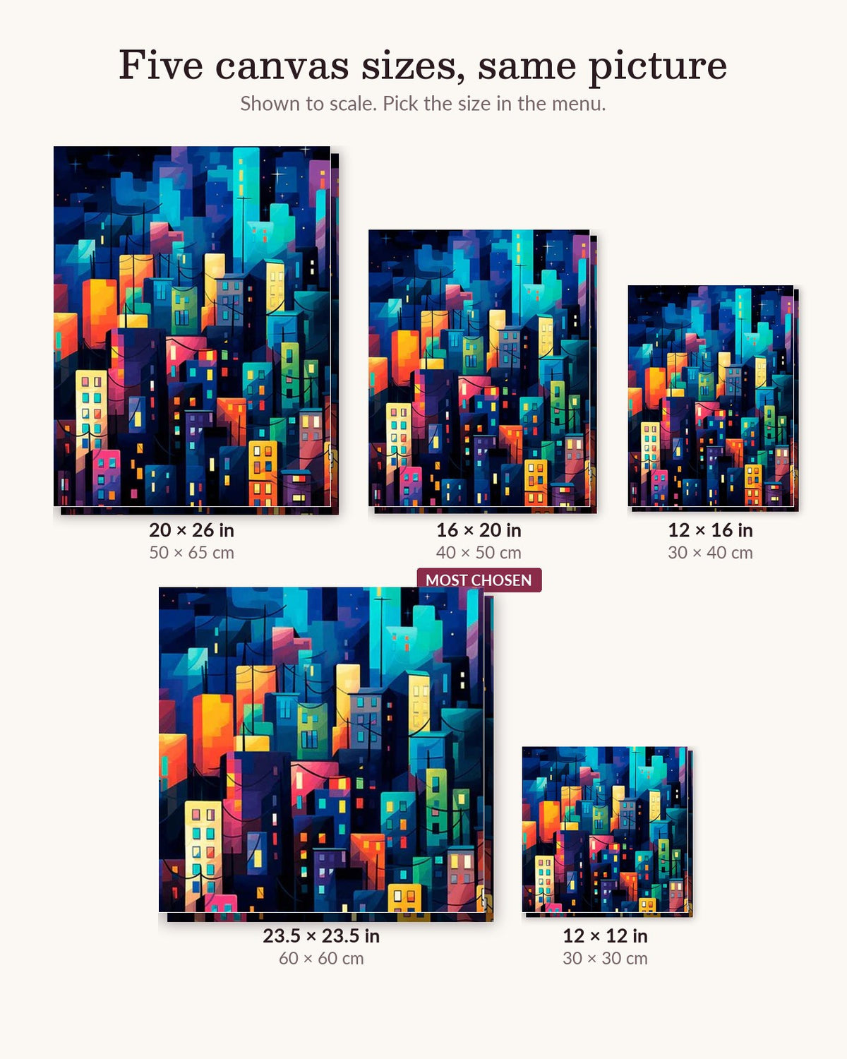 Urban Nocturne canvas sizes from 12 x 12 to 23.5 x 23.5 inches