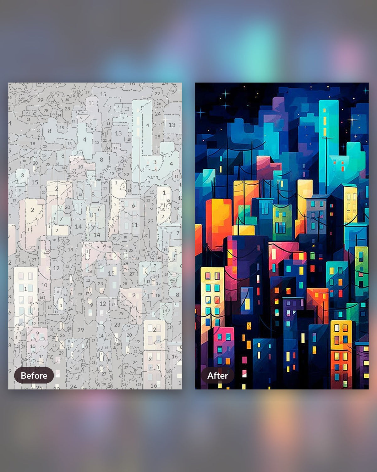 City of Night Glow paint by numbers kit, before and after