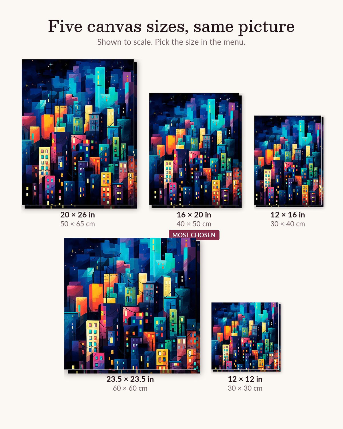 City of Night Glow canvas sizes from 12 x 12 to 23.5 x 23.5 inches