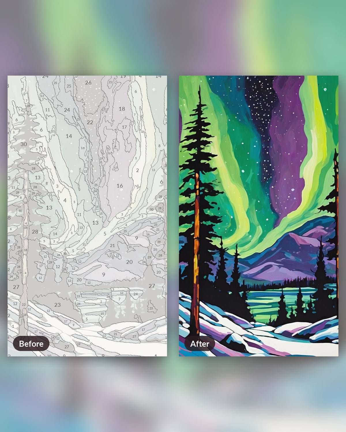 Northern Lights over the Pines paint by numbers kit, before and after