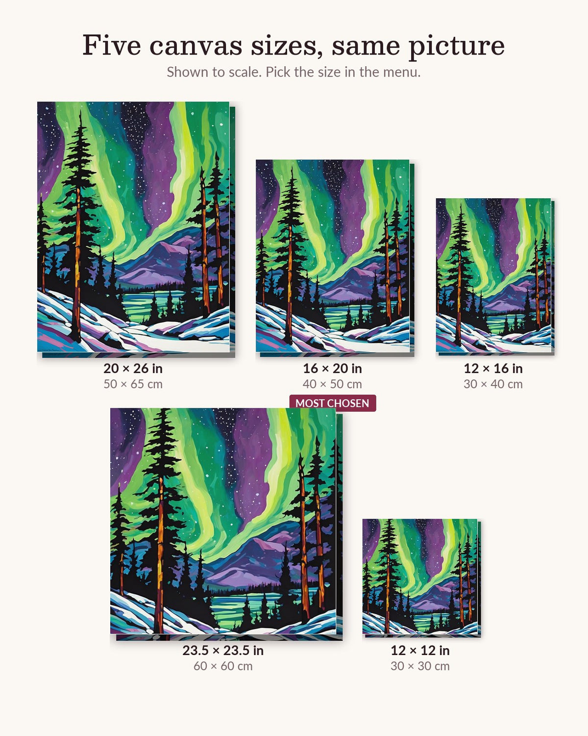 Northern Lights over the Pines canvas sizes from 12 x 12 to 23.5 x 23.5 inches