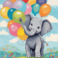 Nursery Baby Elephant with Balloons paint by numbers kit, a baby elephant holding colorful balloons under a pastel sky
