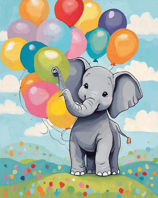 Nursery Baby Elephant with Balloons paint by numbers kit, a baby elephant holding colorful balloons under a pastel sky