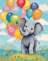 Nursery Baby Elephant with Balloons paint by numbers kit, a baby elephant holding colorful balloons under a pastel sky