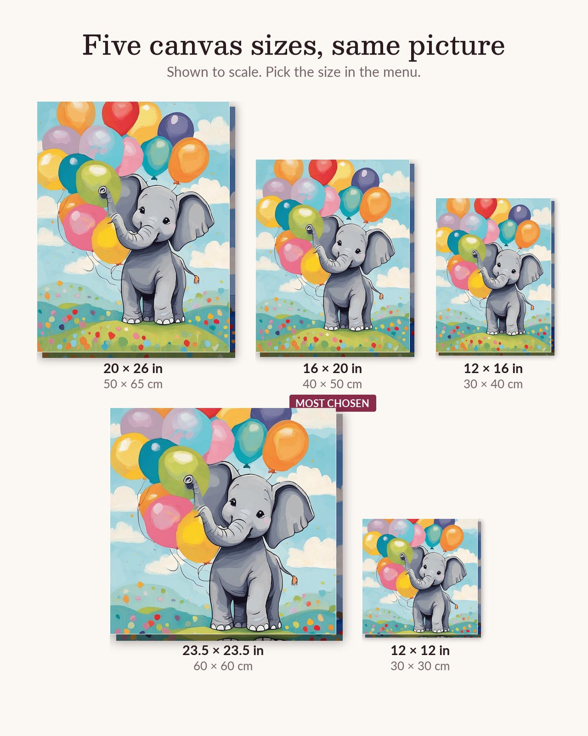 Nursery Baby Elephant with Balloons canvas sizes from 12 x 12 to 23.5 x 23.5 inches