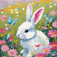 Nursery Bunny in a Flower Meadow paint by numbers kit, a white bunny sitting among daisies and pink flowers with butterflies