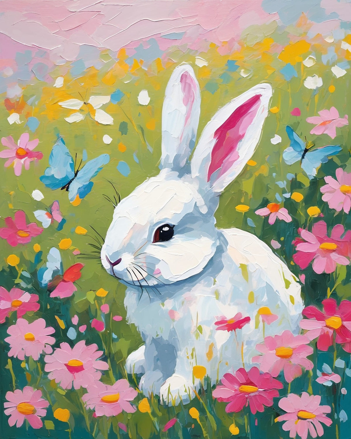 Nursery Bunny in a Flower Meadow paint by numbers kit, a white bunny sitting among daisies and pink flowers with butterflies