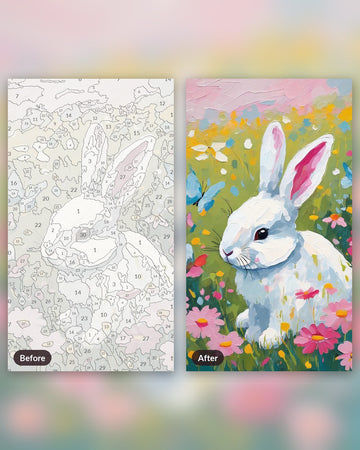 Nursery Bunny in a Flower Meadow paint by numbers kit, before and after