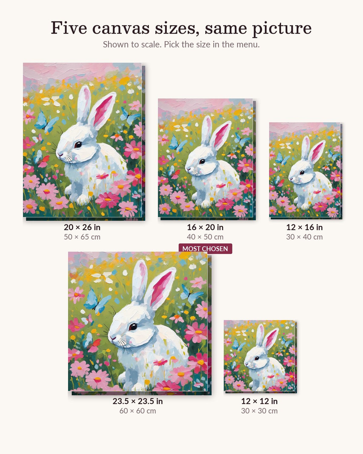 Nursery Bunny in a Flower Meadow canvas sizes from 12 x 12 to 23.5 x 23.5 inches