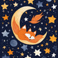Nursery Fox Sleeping on the Moon paint by numbers kit, a small orange fox asleep on a crescent moon among stars