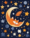 Nursery Fox Sleeping on the Moon paint by numbers kit, a small orange fox asleep on a crescent moon among stars