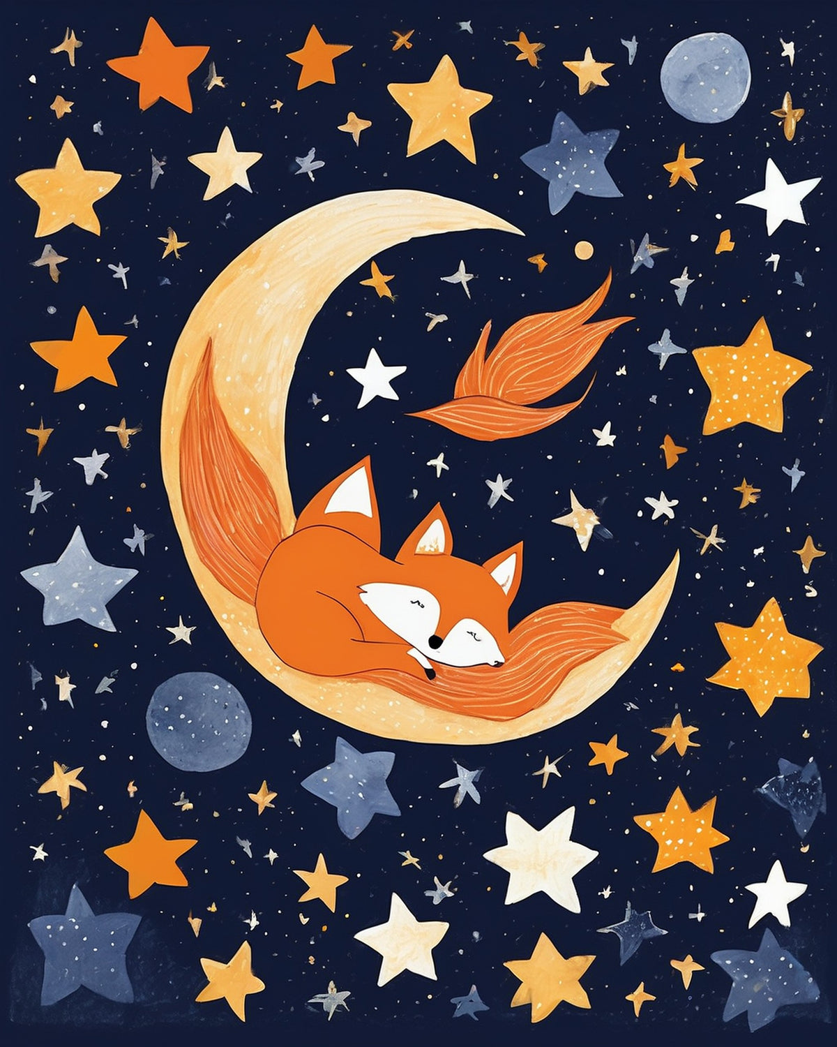 Nursery Fox Sleeping on the Moon paint by numbers kit, a small orange fox asleep on a crescent moon among stars