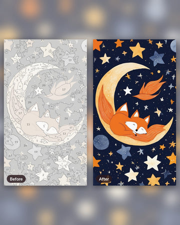 Nursery Fox Sleeping on the Moon paint by numbers kit, before and after
