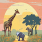 Nursery Safari Parade paint by numbers kit, a giraffe, a zebra and a baby elephant on the savanna under a pastel sun