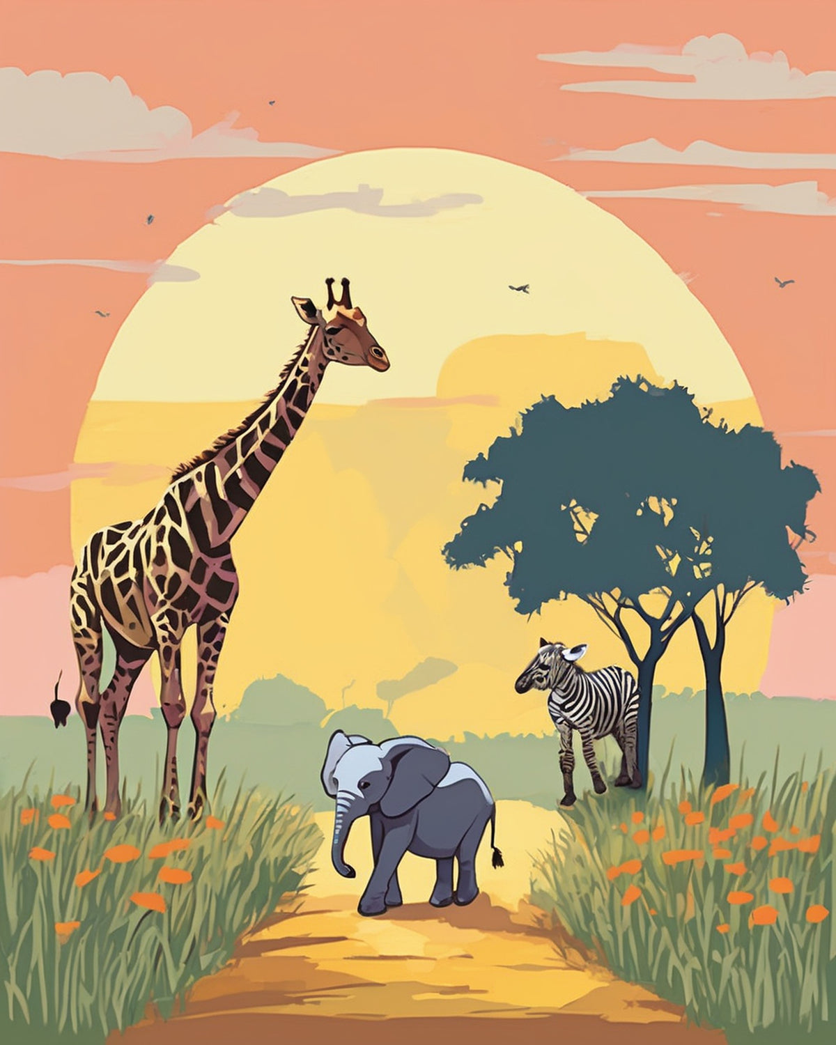 Nursery Safari Parade paint by numbers kit, a giraffe, a zebra and a baby elephant on the savanna under a pastel sun