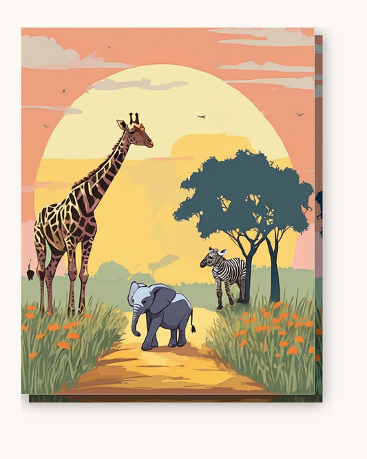 Nursery Safari Parade paint by numbers kit on stretched canvas