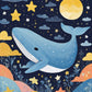 Nursery Whale and Stars paint by numbers kit, a blue whale swimming through a night sky full of stars and moons