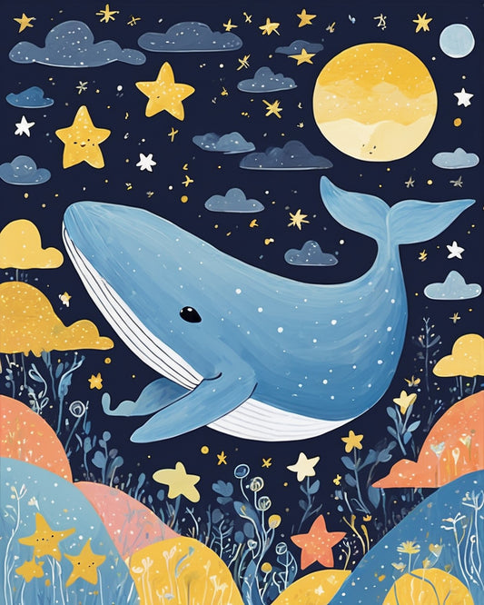 Nursery Whale and Stars paint by numbers kit, a blue whale swimming through a night sky full of stars and moons