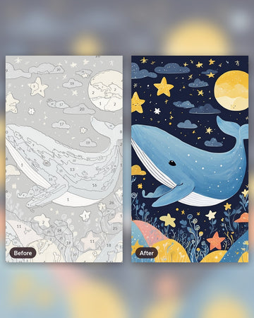 Nursery Whale and Stars paint by numbers kit, before and after