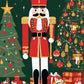 Nutcracker by the Christmas Tree paint by numbers kit, nutcracker soldier in red and gold beside a decorated tree