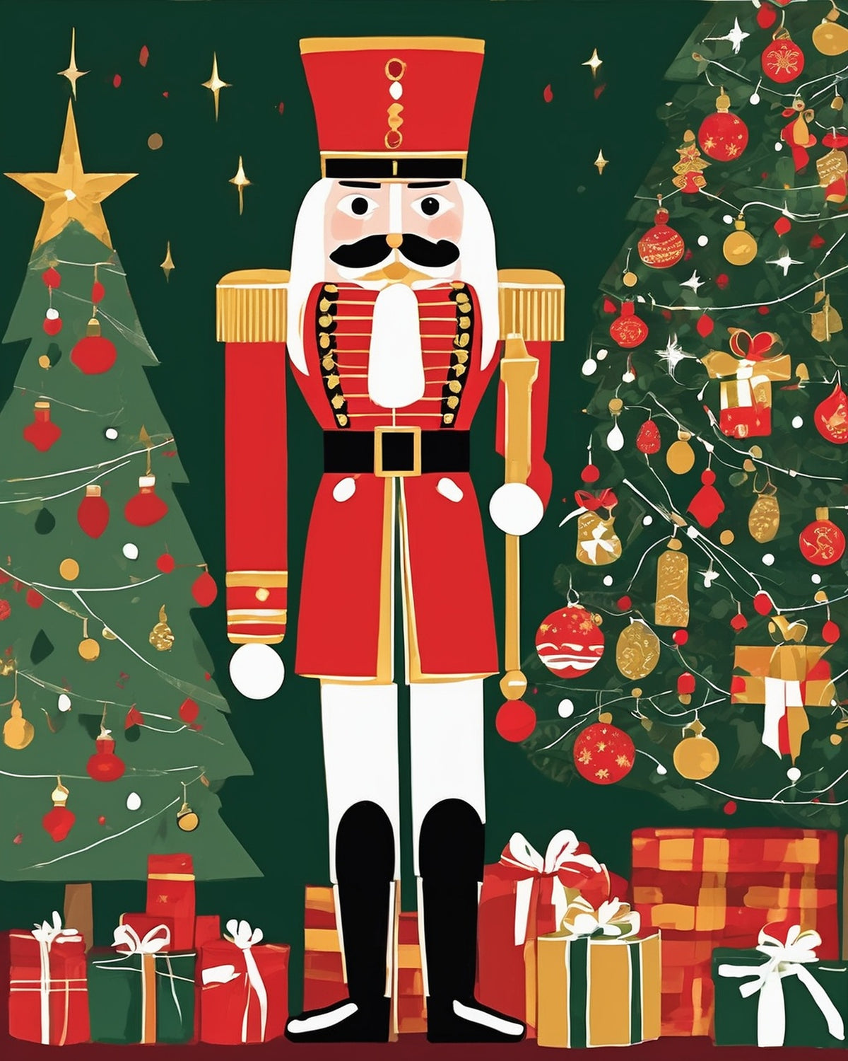 Nutcracker by the Christmas Tree paint by numbers kit, nutcracker soldier in red and gold beside a decorated tree