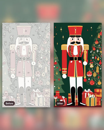 Nutcracker by the Christmas Tree paint by numbers kit, before and after