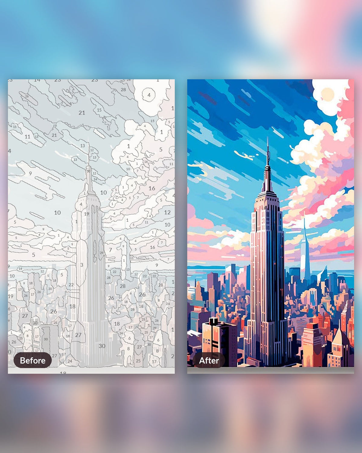 Urban Colors of NYC paint by numbers kit, before and after