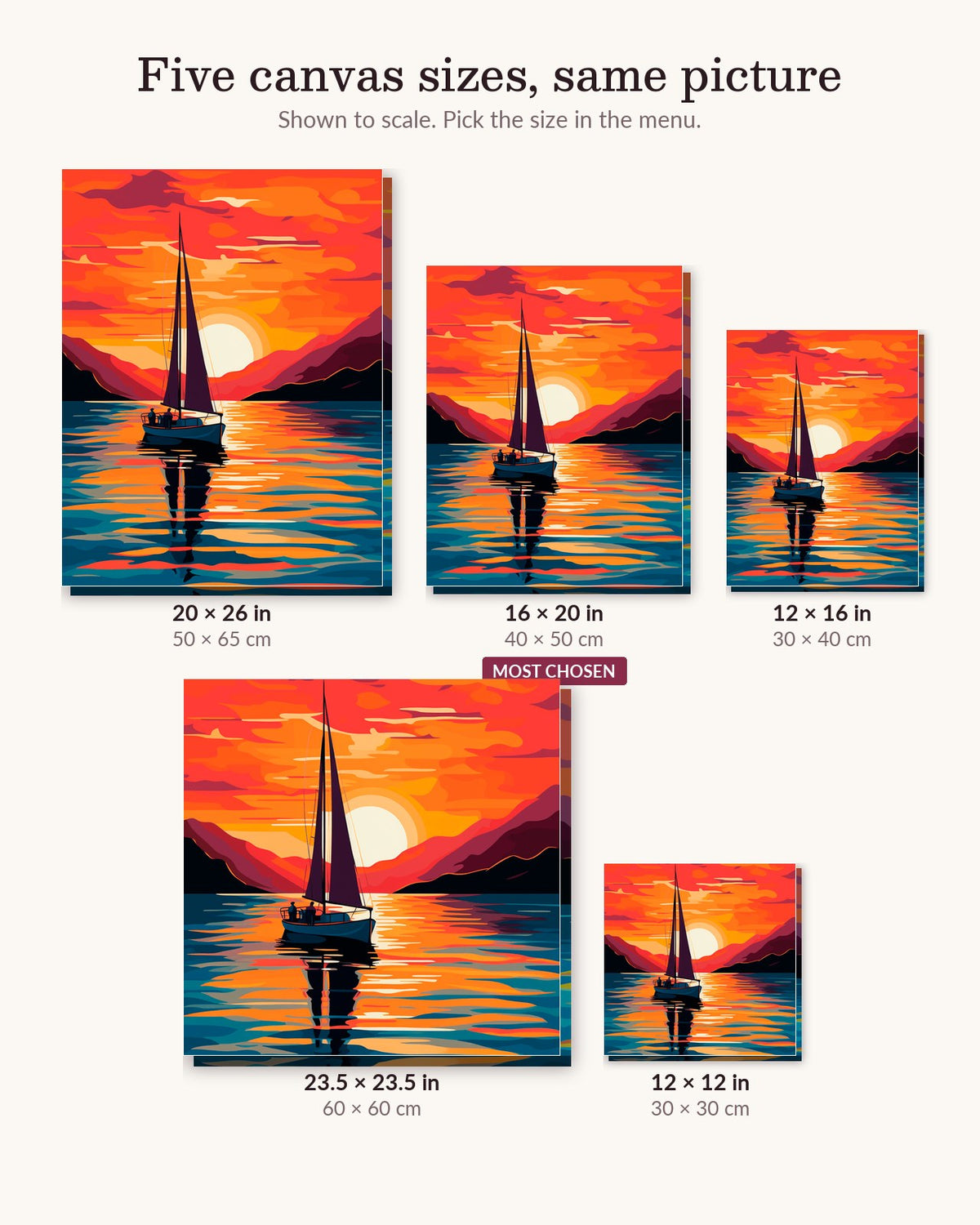 Ocean Glow canvas sizes from 12 x 12 to 23.5 x 23.5 inches