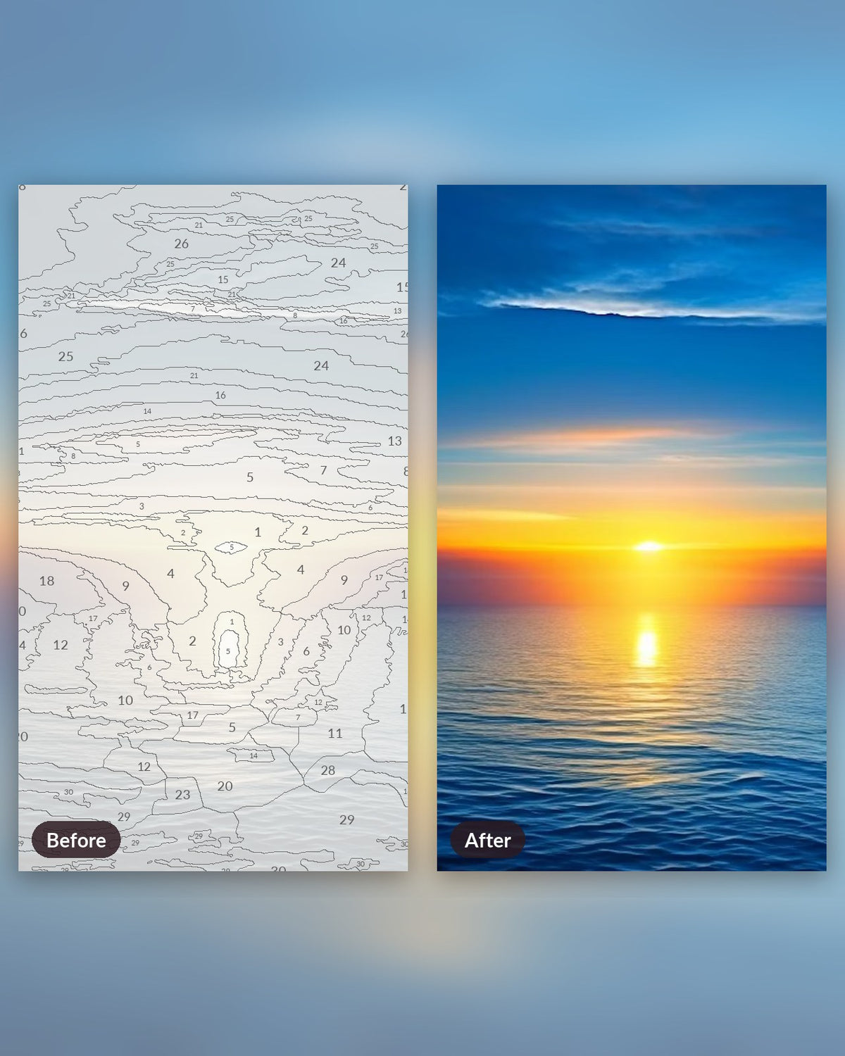 Ocean's First Light paint by numbers kit, before and after
