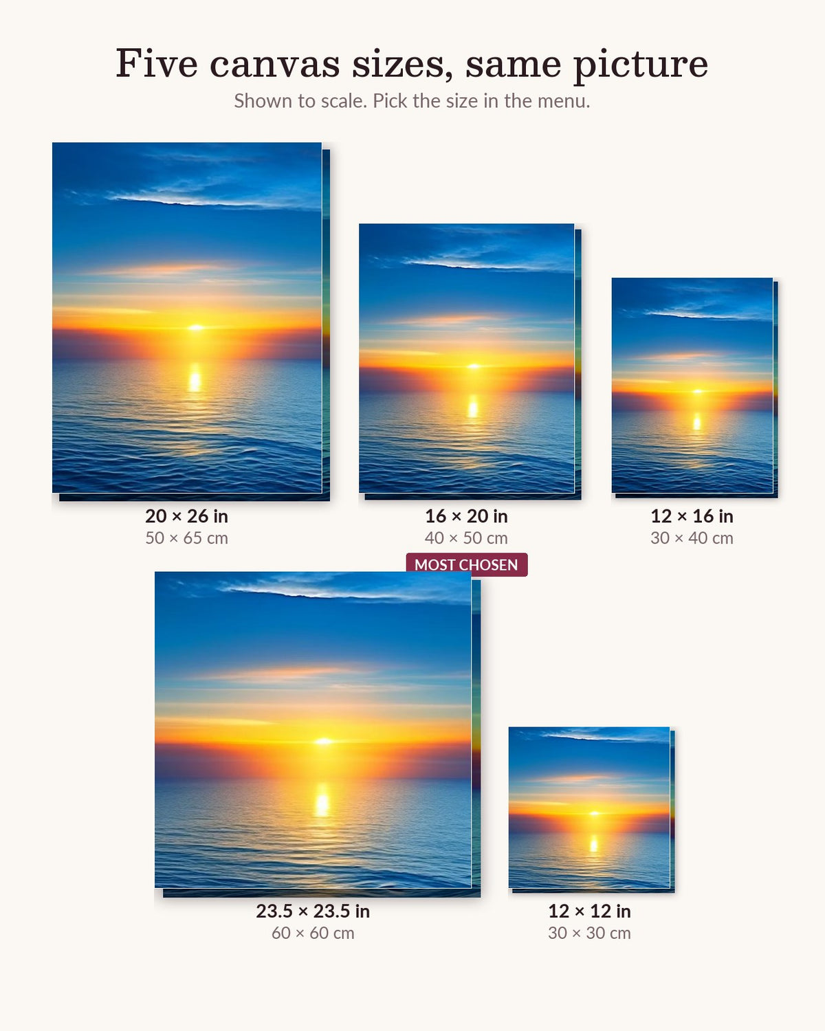 Ocean's First Light canvas sizes from 12 x 12 to 23.5 x 23.5 inches