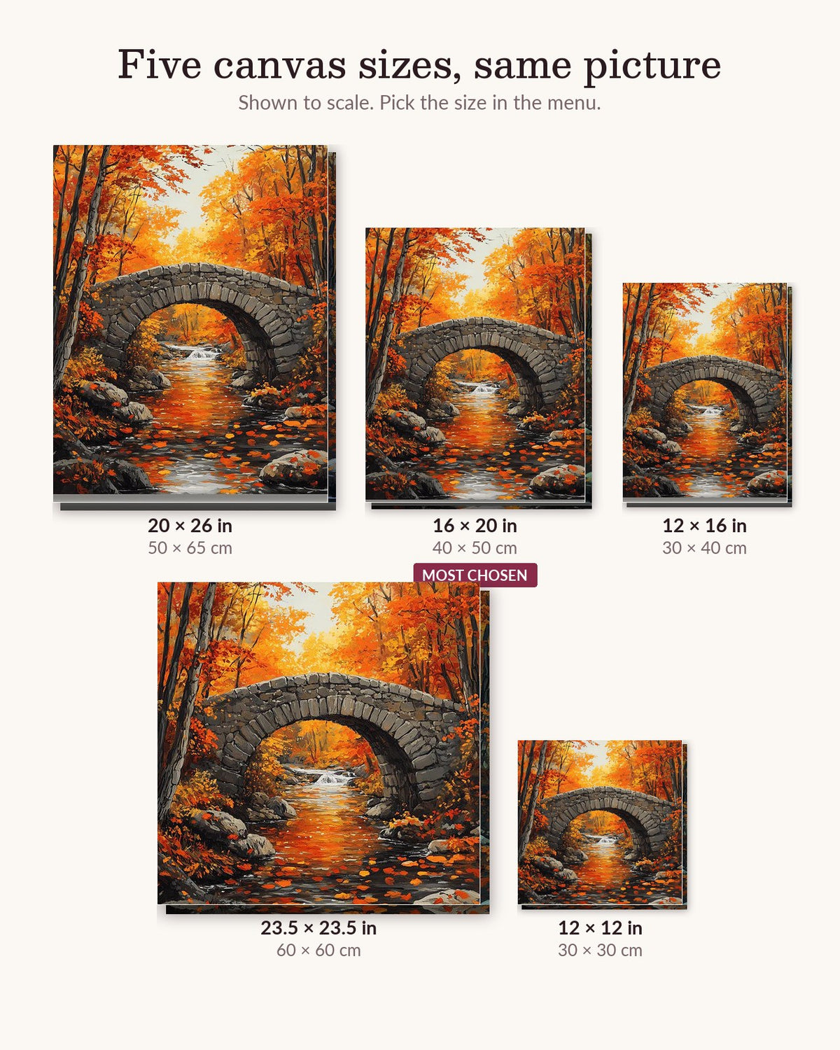 Heritage Crossing canvas sizes from 12 x 12 to 23.5 x 23.5 inches