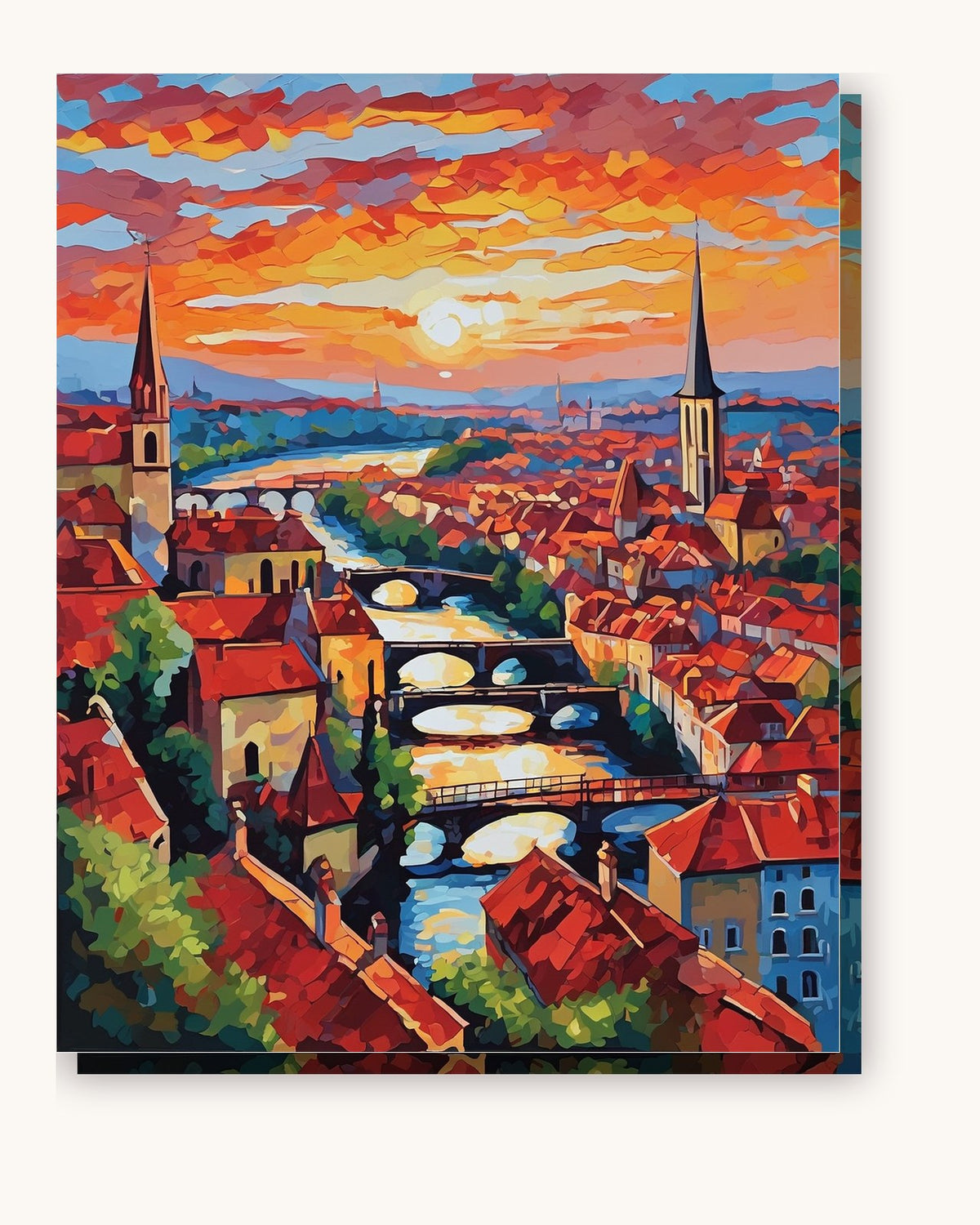 Old Town Rooftops at Sunset paint by numbers kit on stretched canvas