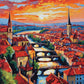 red tiled rooftops of an old town with church spires and stone bridges over a river at sunset, paint by numbers kit