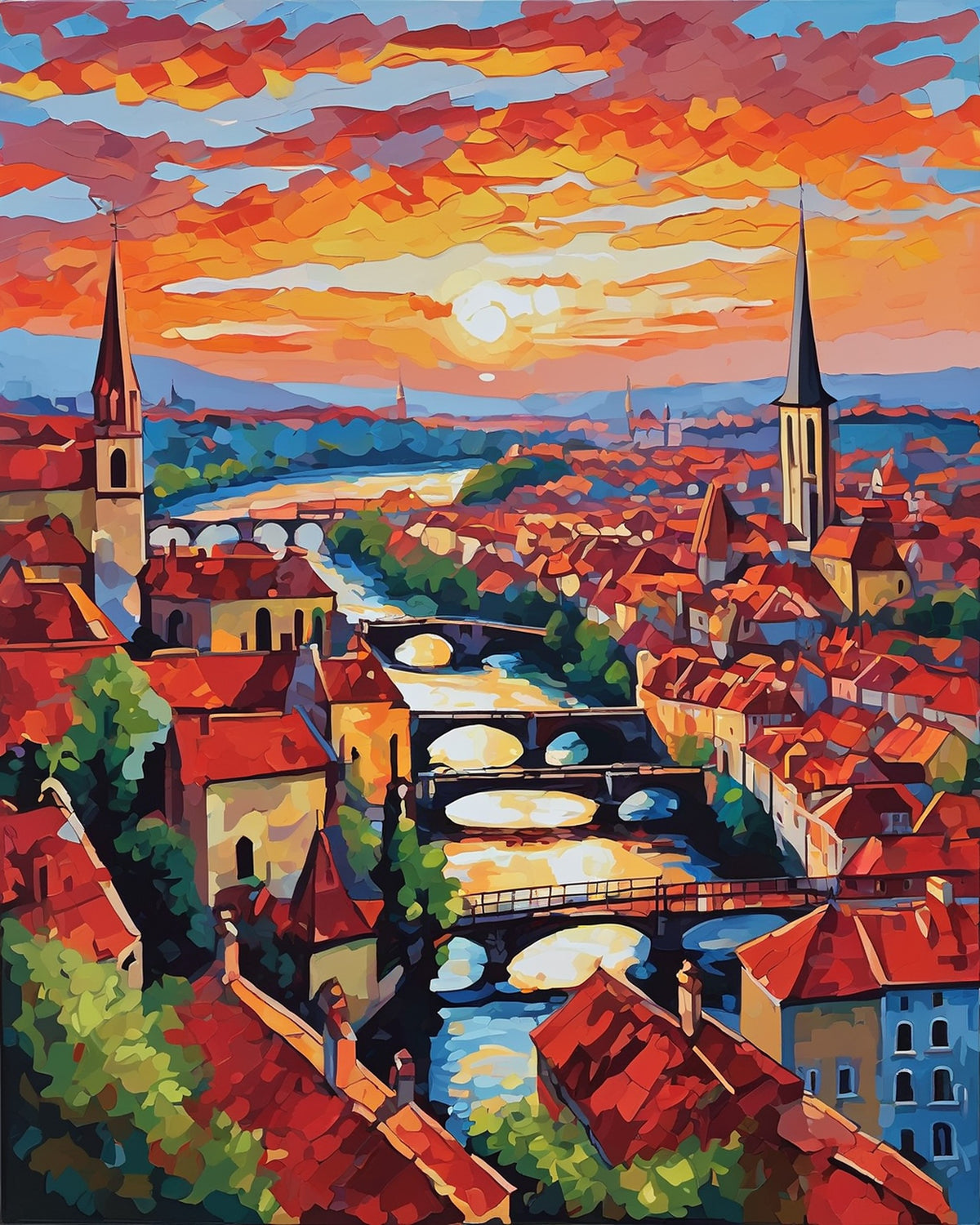 red tiled rooftops of an old town with church spires and stone bridges over a river at sunset, paint by numbers kit