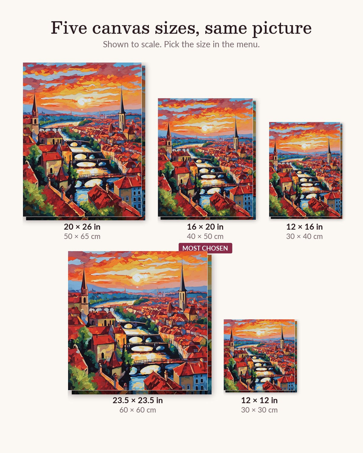 Old Town Rooftops at Sunset canvas sizes from 12 x 12 to 23.5 x 23.5 inches
